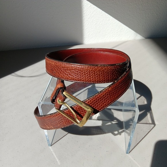 The Unbranded Brand Accessories - VTG Reptile Leather Belt Womens Size 38 Cognac Red Brass Square Buckle Old Money